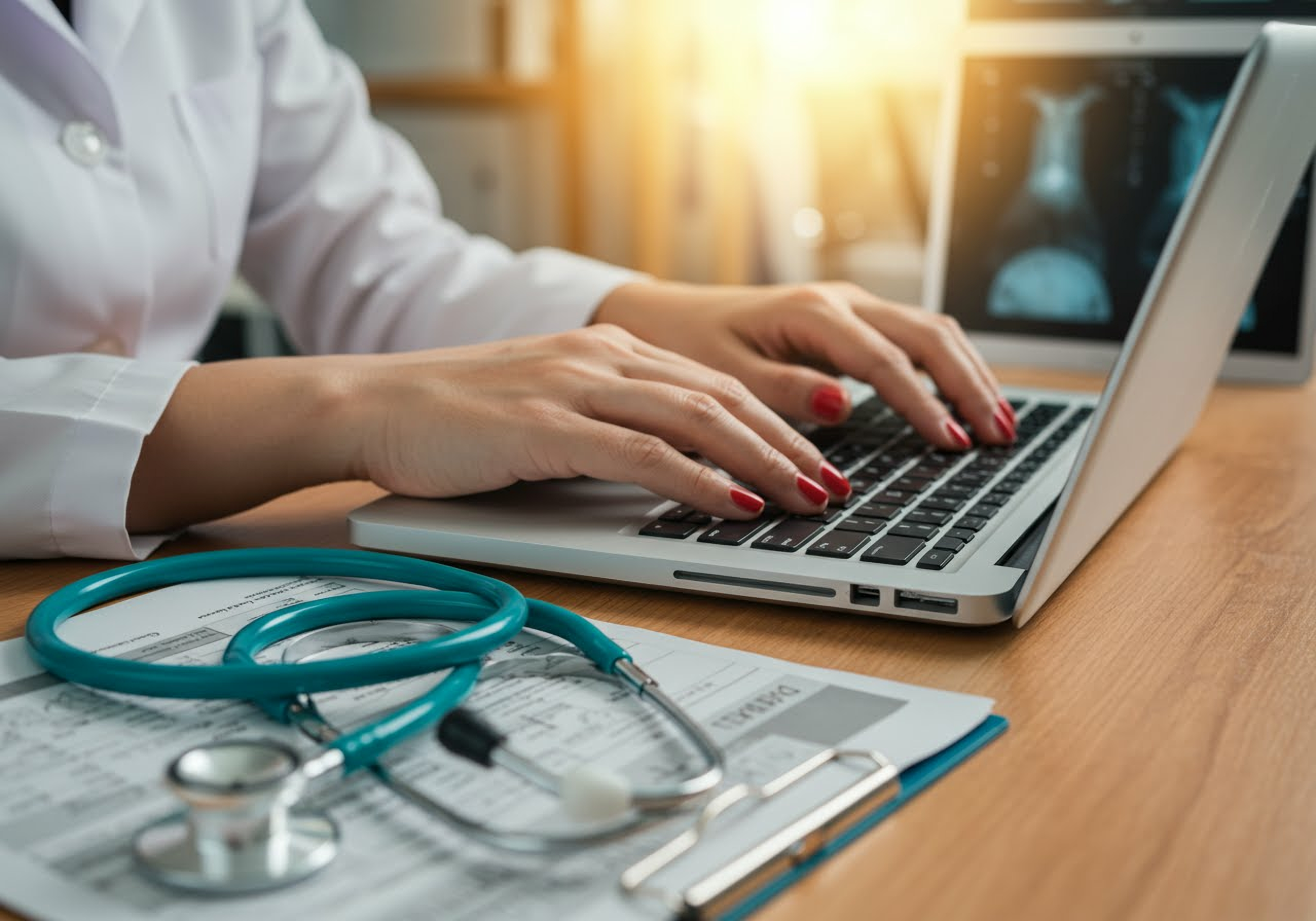 A close-up photograph of a person’s hands typing on a silver laptop placed on a wooden table.