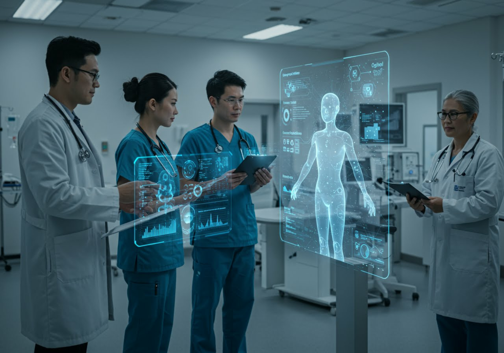 Team of healthcare professionals are collaborating around a large digital display or holographic interface